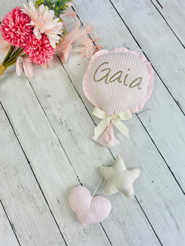 Fiocco nascita righe rosa palloncino clinica personalizzato con nome ricamato, annuncio nascita fatto a mano, decorazione cameretta, fiocco per i nonni zii, misura piccola