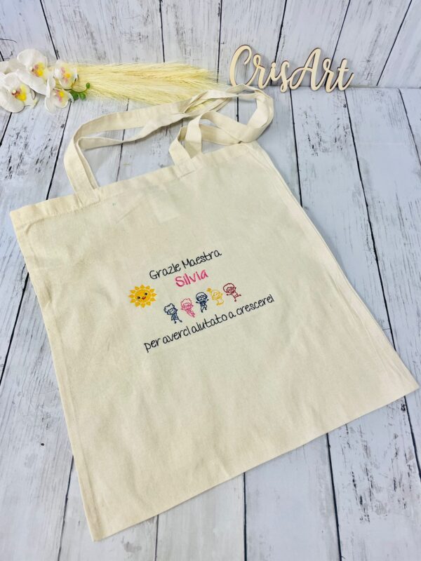 Shopper Personalizzata per Maestra – ricamo colorato con bimbi felici – Regalo Fine Anno Originale